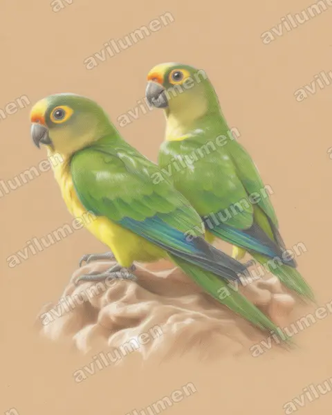 Peach-fronted Parakeet（Eupsittula aurea）的彩色铅笔插画