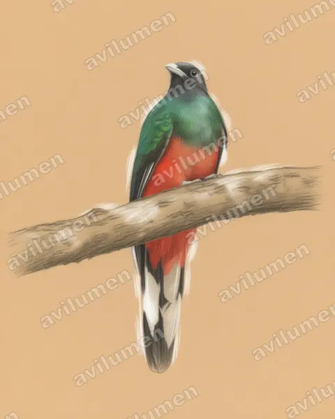 Illustration im Stil Buntstift: Kieferntrogon (Euptilotis neoxenus)