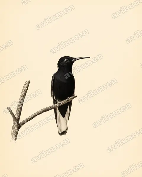 Ilustración en Lámina antigua: Florisuga fusca (Colibrí negro)
