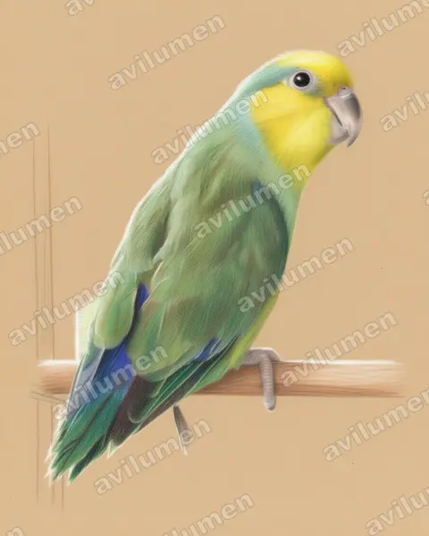 Illustration Crayon de couleur : Forpus xanthops (Toui à tête jaune)