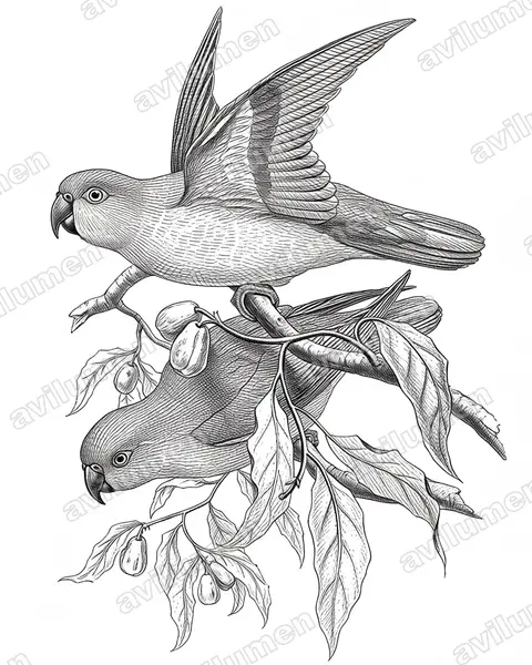 蓝领鹦鹉（Geoffroyus simplex）的钢笔墨线插画