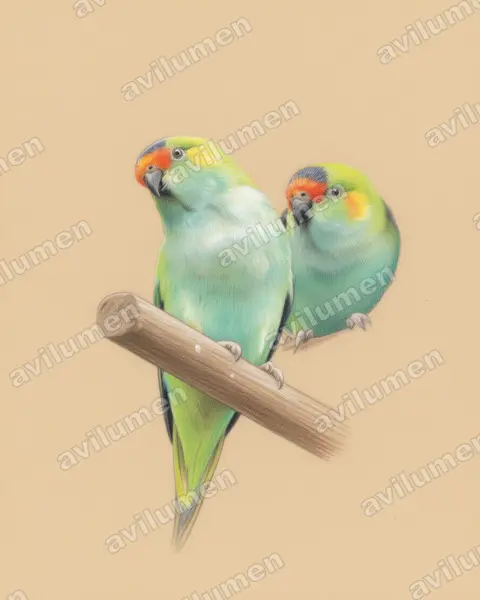 Illustration Crayon de couleur : Glossopsitta porphyrocephala (Lori à couronne pourpre)