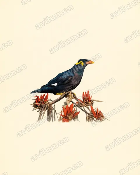 Vintage plate illustration: Gracula religiosa (Common Hill Myna)