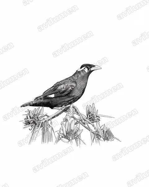 Ink illustration: Gracula religiosa (Common Hill Myna)