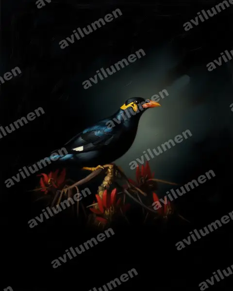 Oil illustration: Gracula religiosa (Common Hill Myna)