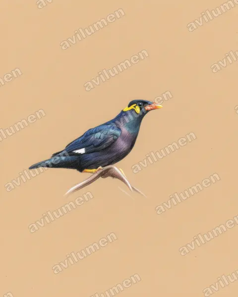 Colored pencil illustration: Gracula religiosa (Common Hill Myna)