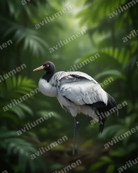 黑颈鹤（Grus nigricollis）的写实插画