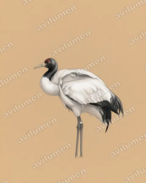 黑颈鹤（Grus nigricollis）的彩色铅笔插画