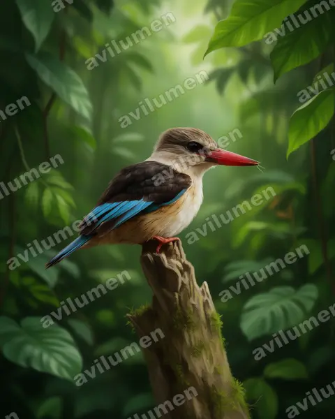 Realistic illustration: Halcyon albiventris (Brown-hooded Kingfisher)