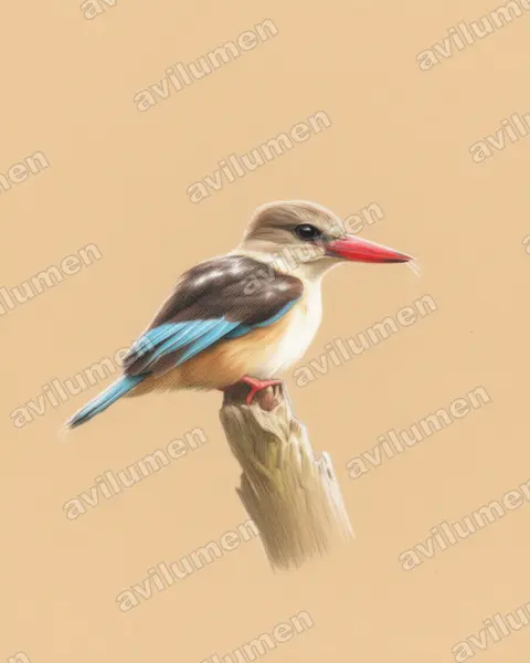 Colored pencil illustration: Halcyon albiventris (Brown-hooded Kingfisher)