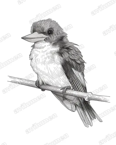 栗背翡翠（Halcyon badia）的钢笔墨线插画