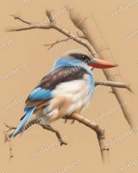 Blue-breasted Kingfisher（Halcyon malimbica）的彩色铅笔插画