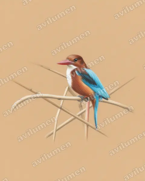 Ilustración en Lápiz de color: Halcyon smyrnensis (Alción de Esmirna)