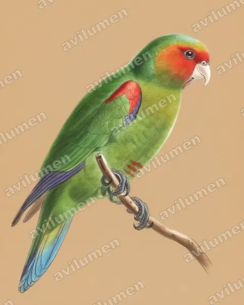 Illustration im Stil Buntstift: Red-faced Parrot (Hapalopsittaca pyrrhops)