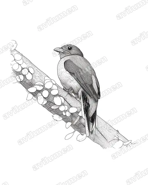 Scarlet-rumped Trogon（Harpactes duvaucelii）的钢笔墨线插画