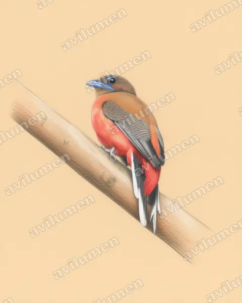 Scarlet-rumped Trogon（Harpactes duvaucelii）的彩色铅笔插画