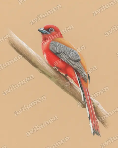 红头咬鹃（Harpactes erythrocephalus）的彩色铅笔插画