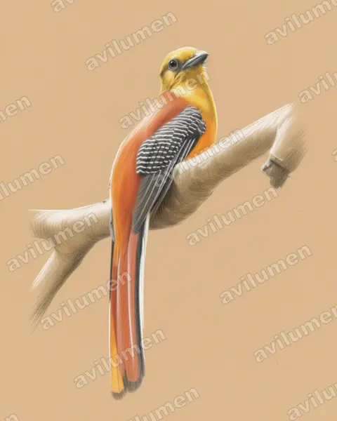 Illustration Crayon de couleur : Harpactes oreskios (Trogon à poitrine jaune)