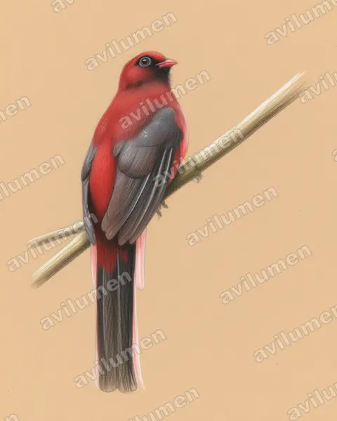 红腹咬鹃（Harpactes wardi）的彩色铅笔插画