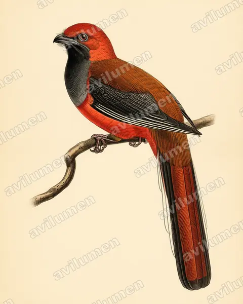 Ilustración en Lámina antigua: Harpactes whiteheadi (Trogón de Borneo)