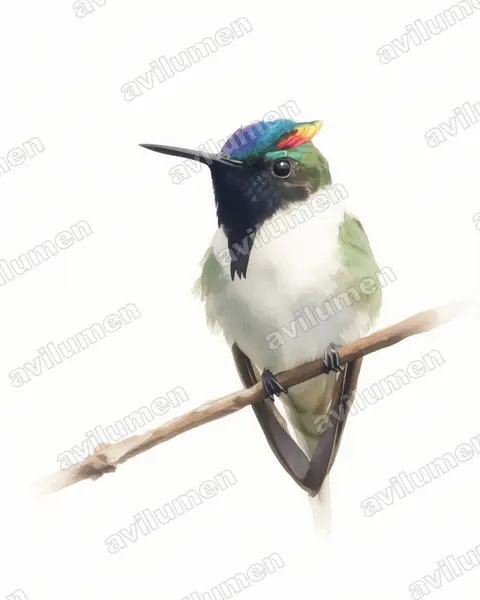 Illustration im Stil Aquarell: Goldhauben-Schmuckkolibri (Heliactin bilophus)