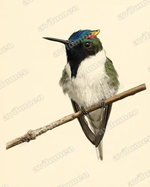 Illustration im Stil Historische Tafel: Goldhauben-Schmuckkolibri (Heliactin bilophus)