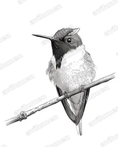 Illustration im Stil Tusche: Goldhauben-Schmuckkolibri (Heliactin bilophus)