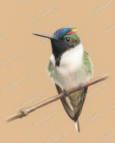 Illustration im Stil Buntstift: Goldhauben-Schmuckkolibri (Heliactin bilophus)