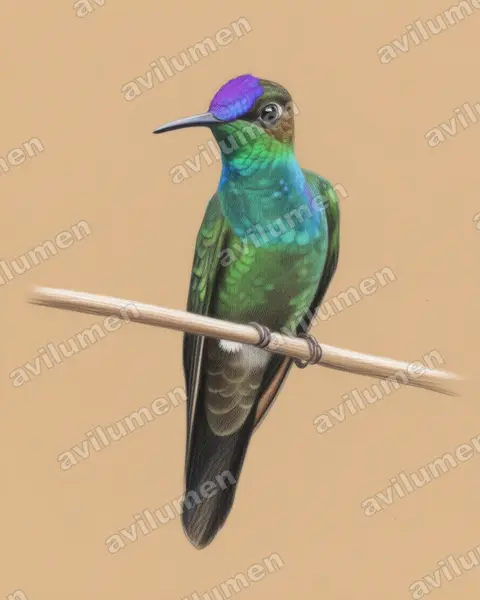 紫额辉蜂鸟（Heliodoxa leadbeateri）的彩色铅笔插画