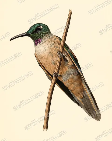 Ilustración en Lámina antigua: Heliodoxa rubinoides (Brillante pechigamuza​)
