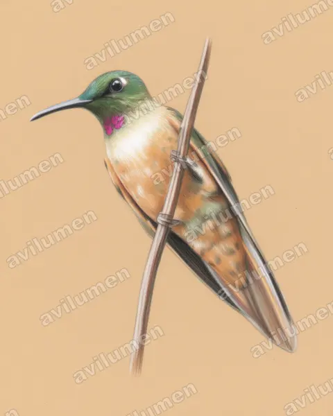 Ilustración en Lápiz de color: Heliodoxa rubinoides (Brillante pechigamuza​)