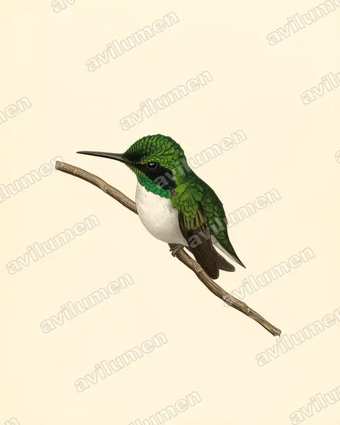 Illustration im Stil Historische Tafel: Grünstirn-Schmuckkolibri (Heliothryx auritus)