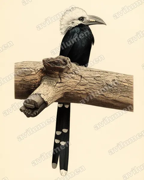 Illustration im Stil Historische Tafel: Weißschopf-Hornvogel (Horizocerus albocristatus)