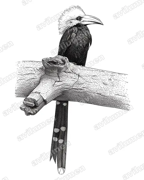 Illustration im Stil Tusche: Weißschopf-Hornvogel (Horizocerus albocristatus)