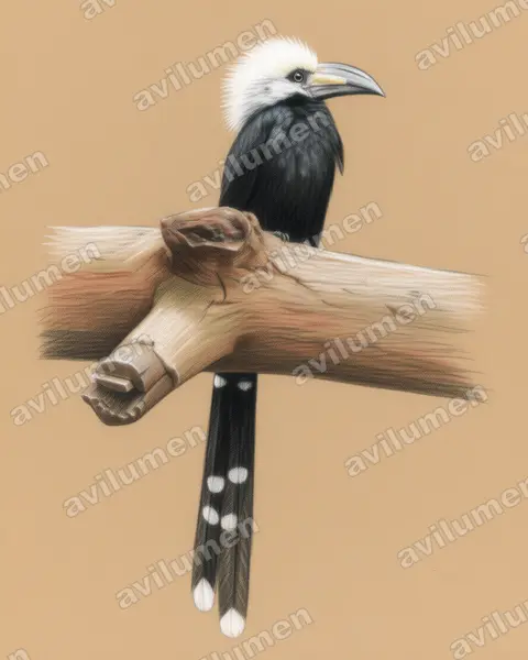 Illustration im Stil Buntstift: Weißschopf-Hornvogel (Horizocerus albocristatus)