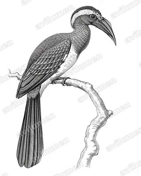Black Dwarf Hornbill（Horizocerus hartlaubi）的钢笔墨线插画