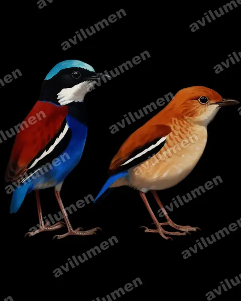 Illustration Huile : Hydrornis baudii (Brève à tête bleue)