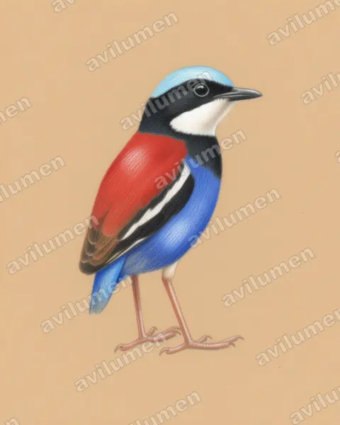 Illustration Crayon de couleur : Hydrornis baudii (Brève à tête bleue)