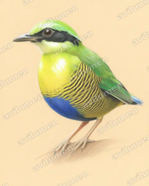 斑腹八色鸫（Hydrornis elliotii）的彩色铅笔插画