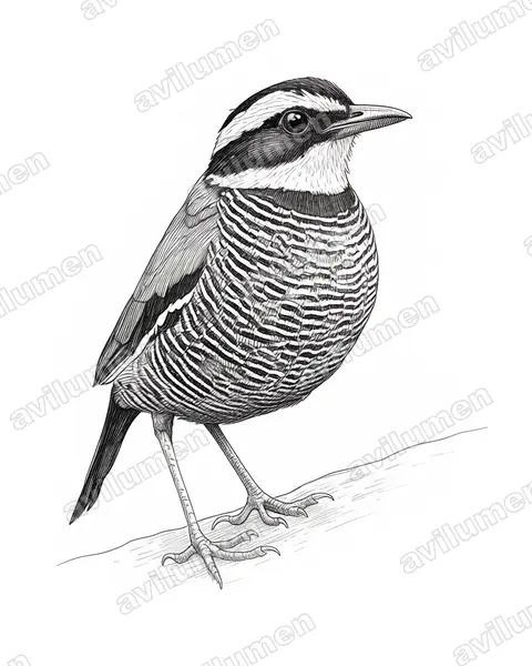 蓝尾八色鸫(Hydrornis guajanus)的钢笔墨线插画