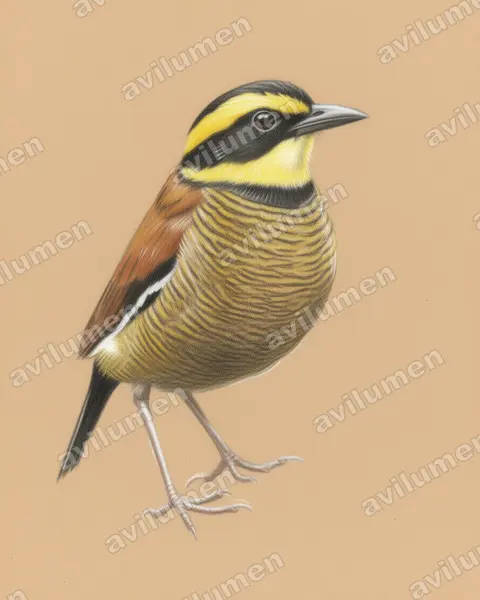 蓝尾八色鸫(Hydrornis guajanus)的彩色铅笔插画