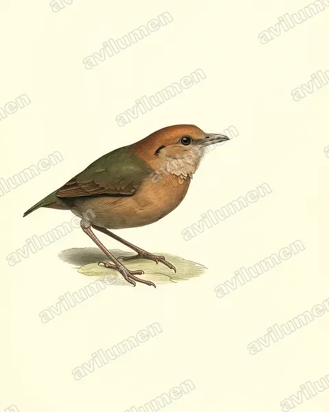 Ilustración en Lámina antigua: Hydrornis oatesi (Pita rojiza)
