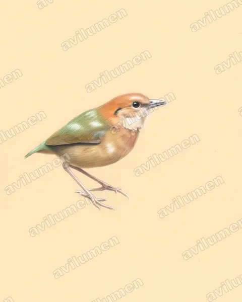 Ilustración en Lápiz de color: Hydrornis oatesi (Pita rojiza)