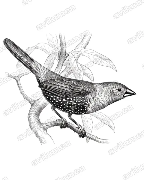 Illustration im Stil Tusche: Roter Tropfenastrild (Hypargos niveoguttatus)