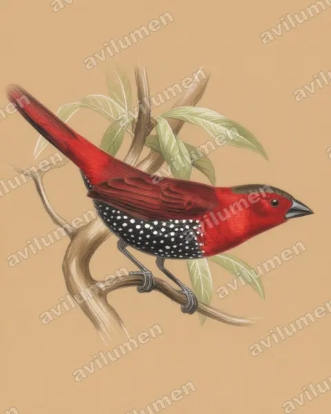Illustration im Stil Buntstift: Roter Tropfenastrild (Hypargos niveoguttatus)