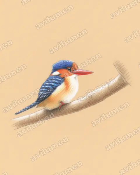 Ilustración en Lápiz de color: Lacedo pulchella (Martín cazador chico)