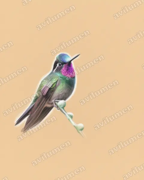 Colored pencil illustration: Lampornis calolaemus (Purple-throated mountaingem)
