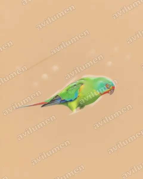 Illustration Crayon de couleur : Lathamus discolor (Perruche de Latham)