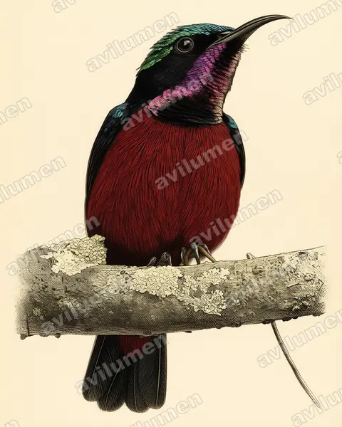 Ilustración en Lámina antigua: Leptocoma brasiliana (Suimanga ventrigranate)