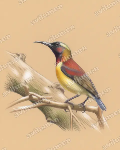 Purple-throated Sunbird（Leptocoma sperata）的彩色铅笔插画